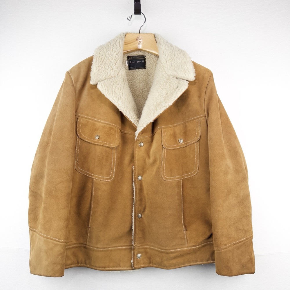 70's Vtg Towncraft Shearling Suede Jacket Men's Western Ranch Sheepskin 46R USA